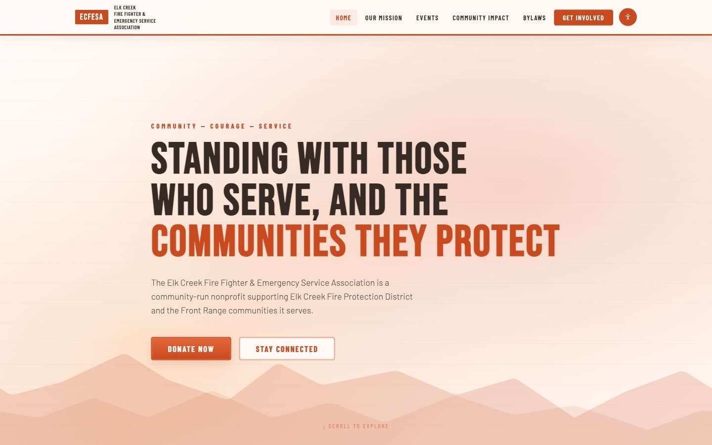 ECFESA.org home page in the default warm orange palette: navigation, hero headline 'Standing With Those Who Serve, and the Communities They Protect', and a layered mountain illustration along the bottom.