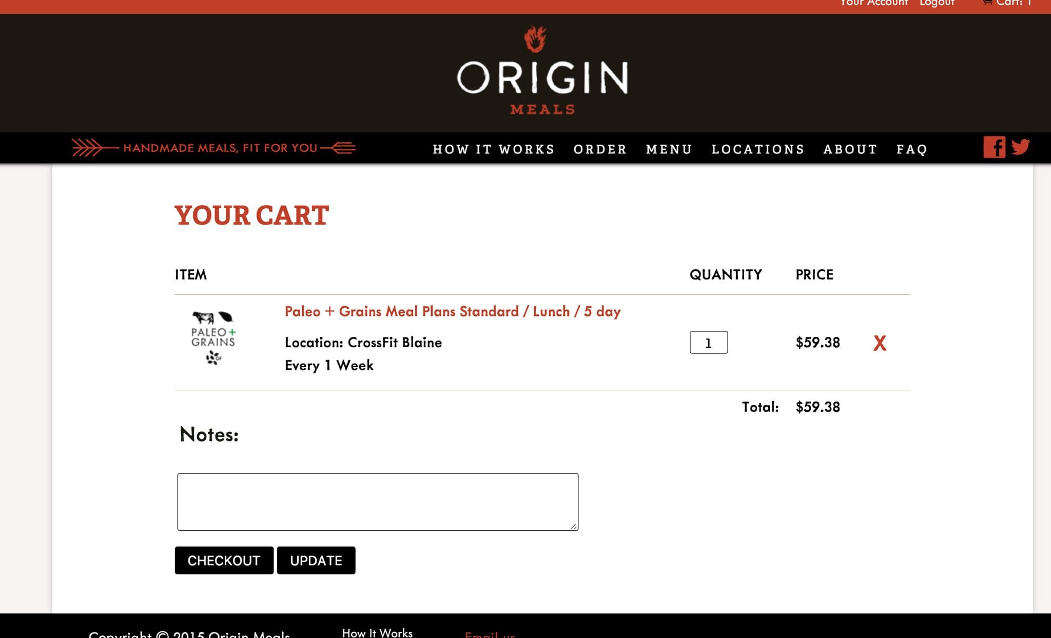 Origin Meals cart page showing a Paleo plus Grains standard lunch plan for a five-day week, collected at CrossFit Blaine, repeating every one week, with a notes field and checkout and update buttons.