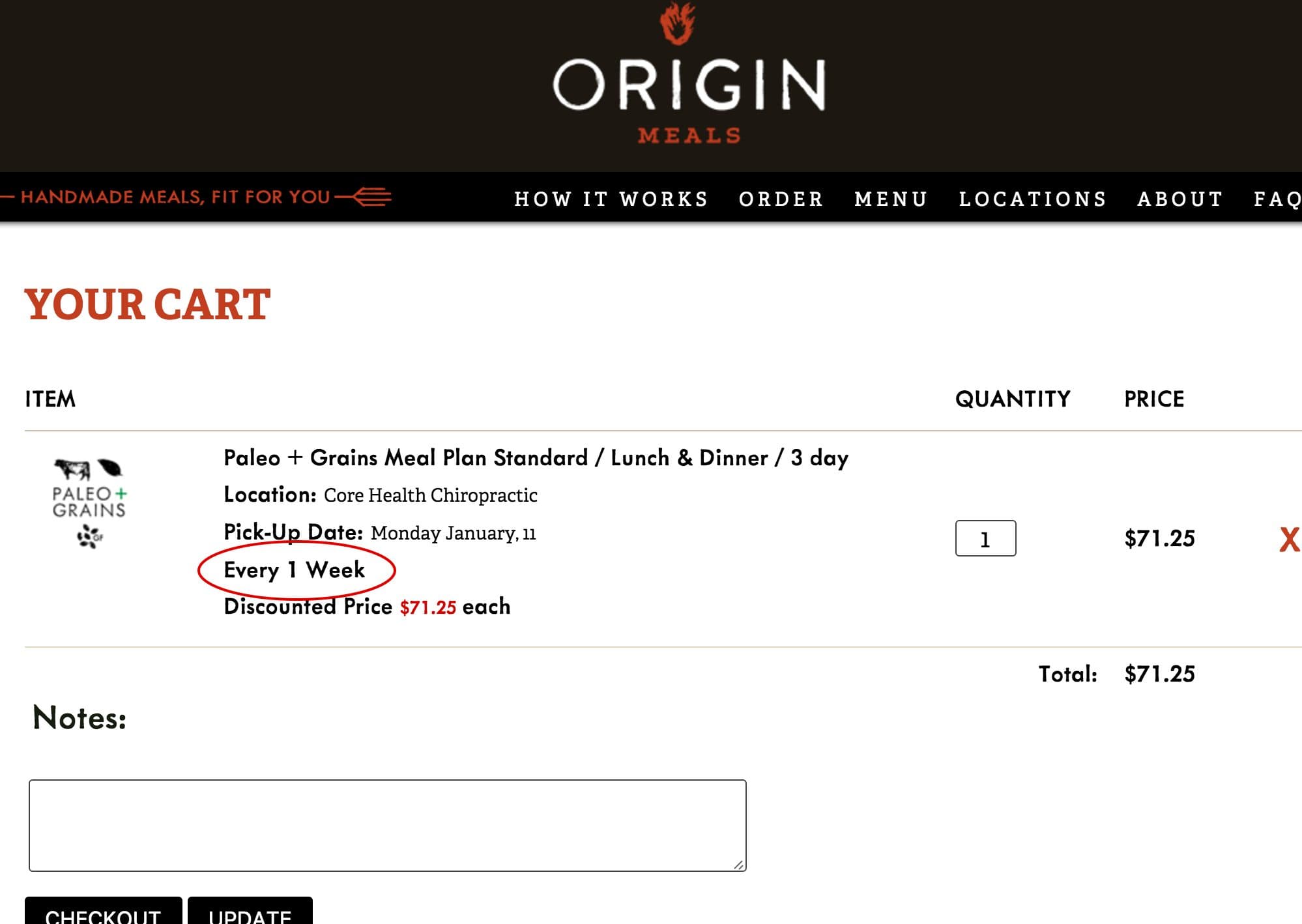 Origin Meals cart page for a three-day lunch and dinner plan collected at Core Health Chiropractic, showing a pick-up date of Monday January 11, a weekly recurrence circled in red, and a discounted recurring price.